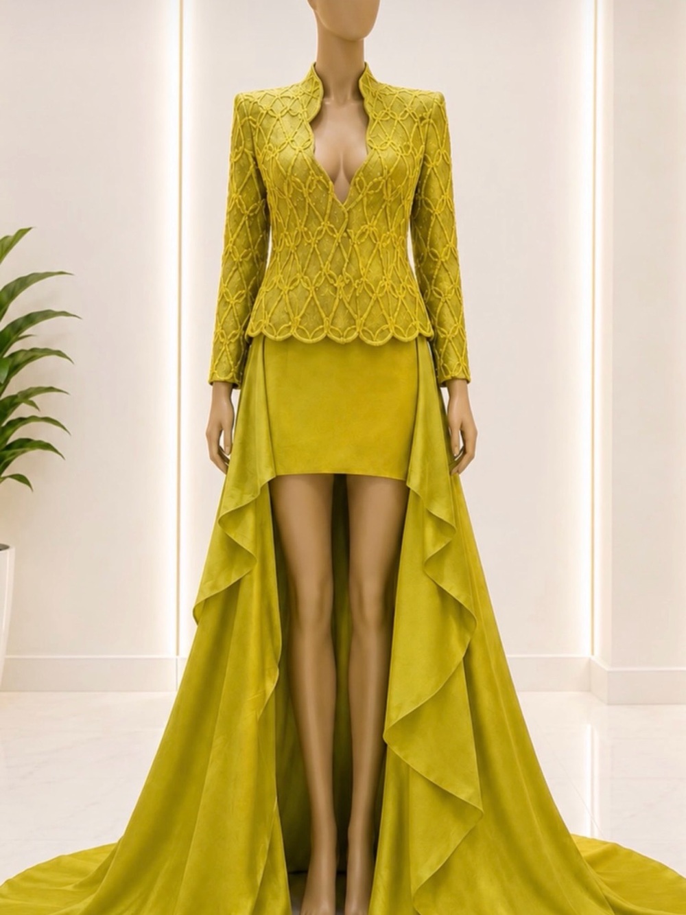 Elegant Lime Green High-Low Ruffle Gown Dress